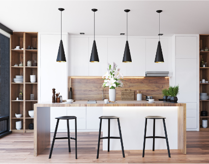 Modern kitchen with wood finishes and lighting, styled for investment property services.